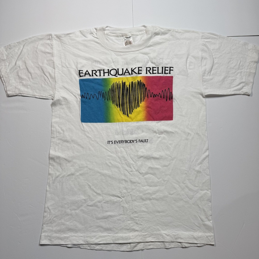 Vintage Earthquake Relief‎ Shirt Mens Large White Bill Graham KQED Concert 80s